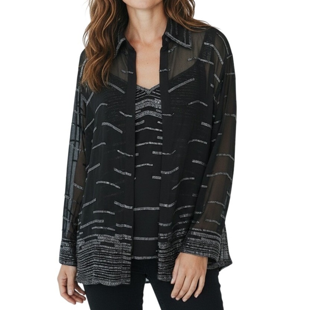 JKARA Beaded Jacket Set 2X 3X Black Metallic Silver Sheer Elegant Evening Blouse
